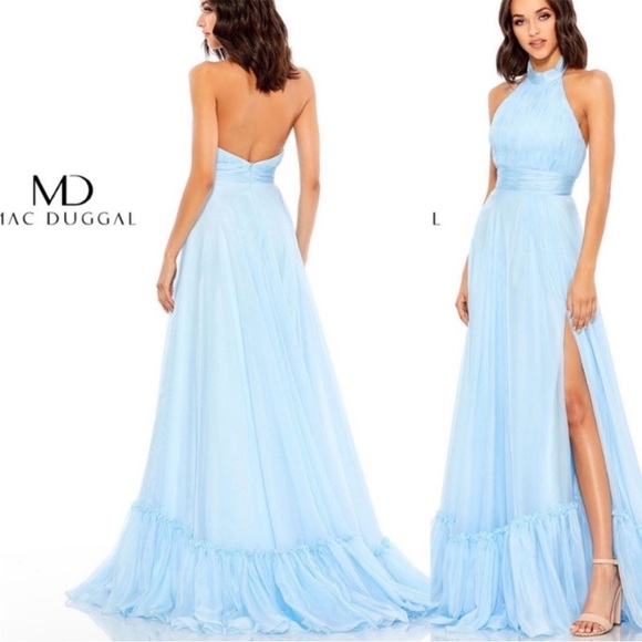 Mac Duggal High Neck Tiered Chiffon Halter Gown Sky Blue 12 NWT 67816 - Picture 2 of 9